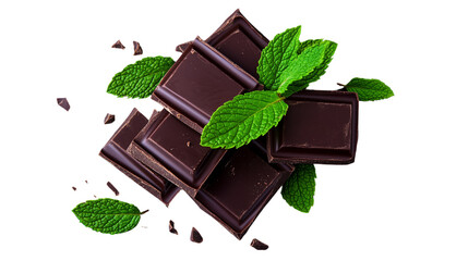 Dark Chocolate with Mint Leaves on Transparent Background