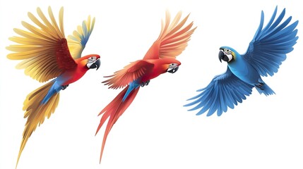 Obraz premium Three colorful parrots flying in the sky