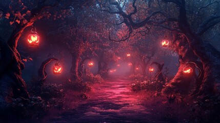 A spooky path illuminated by glowing jack-o-lanterns in a dark forest