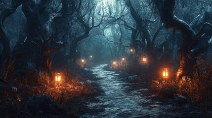 Mystical Forest Path Illuminated by Lanterns