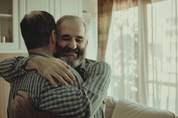 Fototapeta premium A heartfelt embrace between a hipster son and his senior father celebrating love and family in their cozy home