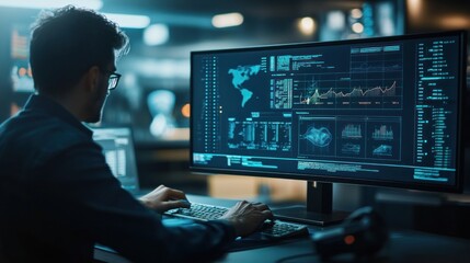 Man working on computer with data visualization on screen