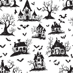 Vector of seamless pattern with haunted houses and eerie in black and white colors
