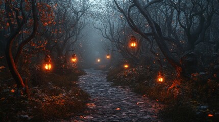 Fototapeta premium A Mysterious Path Through a Foggy Forest Lit by Lanterns