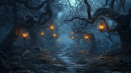 A Mysterious Path Through a Foggy Forest with Lanterns Hanging from Twisted Trees