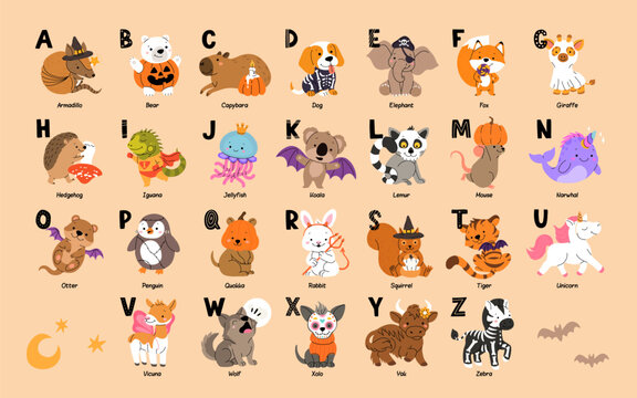 Cute Animals in halloween costumes and accessories, alphabet for kids education. Funny hand drawn style characters. Vector illustration for halloween.