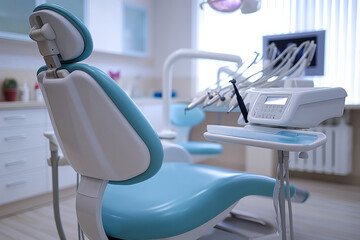 Dental office. Patient chair and equipment for dental treatment. Blurred dental clinic background. Defocused interior of modern dental office. - Powered by Adobe