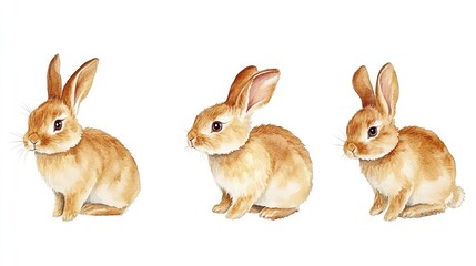 Fototapeta premium Three rabbits are sitting in a row, each with their ears perked up