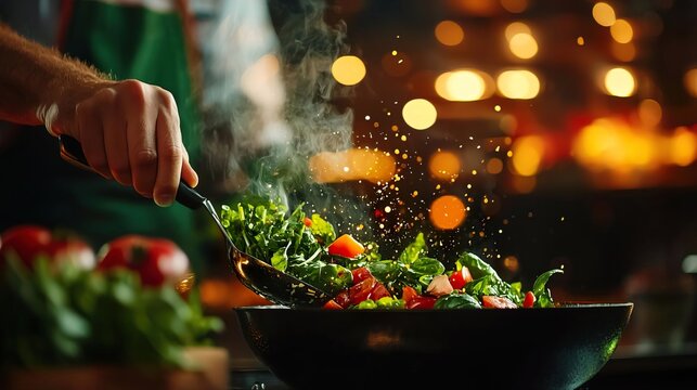 A dynamic shot of a team participating in a collaborative cooking challenge