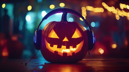 Halloween party with a Jack O' Lantern pumpkin sporting headphones, set against a chilling Halloween night backdrop.