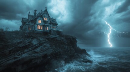 Fototapeta premium Haunted Mansion on a Cliffside with Lightning Striking the Sea