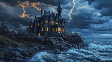 Gothic Mansion on a Stormy Cliffside