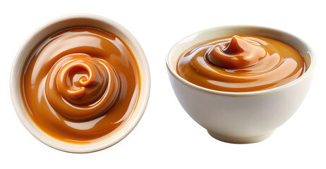 White bowl with caramel sauce dip, side and top view, food bundle, isolated on a transparent background