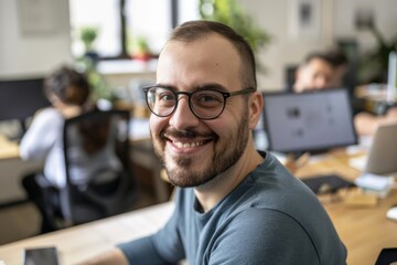 Fototapeta premium A cheerful millennial entrepreneur smiles confidently in a vibrant modern office with a diverse team engaged in teamwork