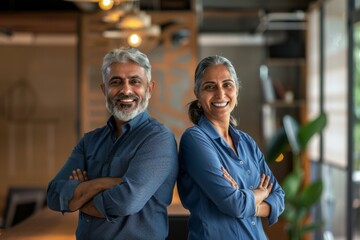 Confident business partners stand together in a modern office, radiating professionalism and teamwork during a collaborative meeting