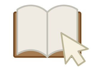 Libro abierto de lomo marrón con cursor encima de e-book. 