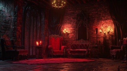 Naklejka premium A Red-Lit Gothic Chamber with Ornate Chairs and Candles