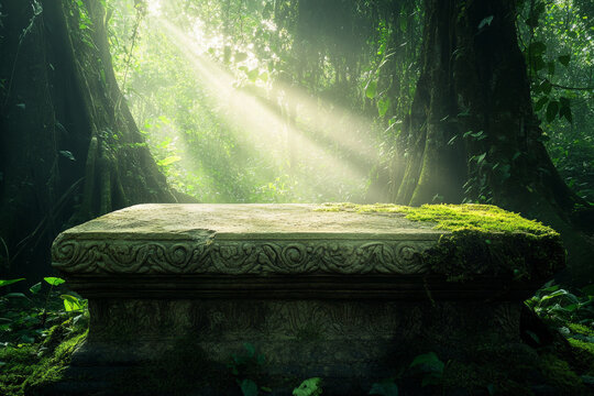 A weathered stone podium with moss-covered surfaces, placed in a dense forest with shafts of sunlight breaking through the canopy.