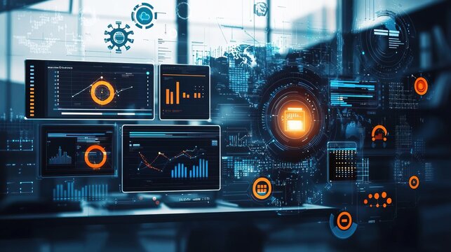 Futuristic data visualization interface showcasing analytics, graphs, and metrics in a high-tech workspace.
