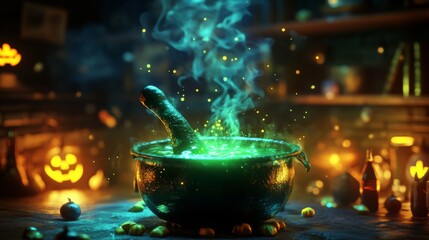 A Witch's Cauldron with Green Potion and Magical Smoke