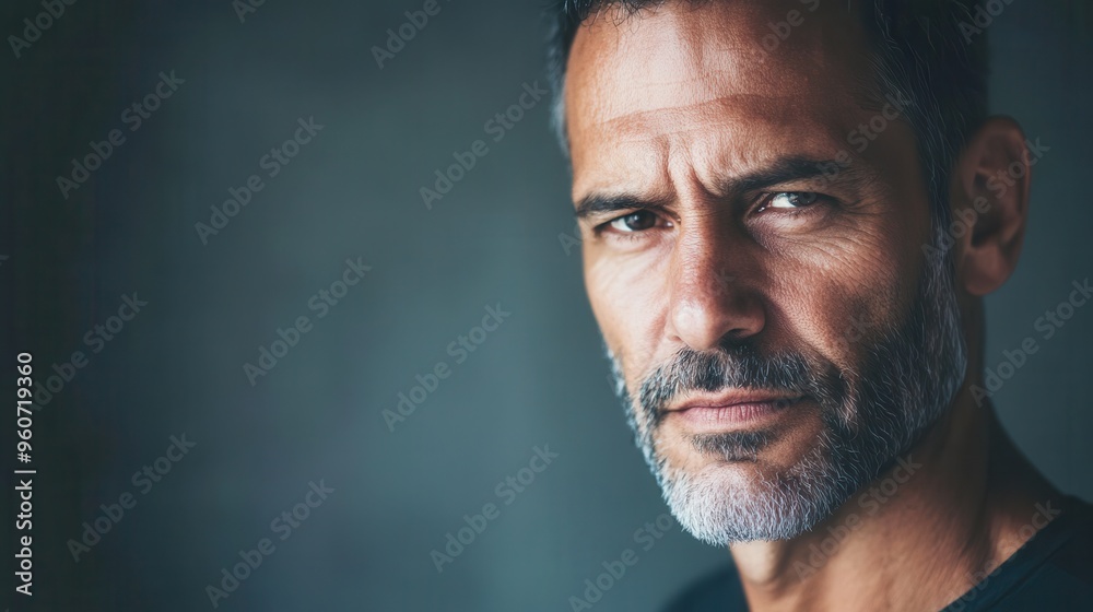 Fototapete A man with a serious expression appears lost in thought within a softly illuminated setting. Generative AI