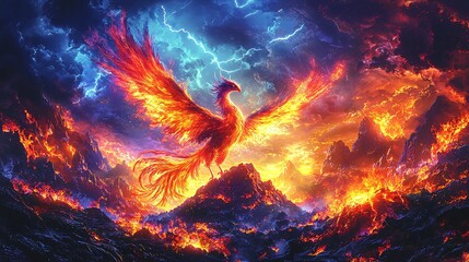 Fototapeta premium A majestic phoenix rising from the ashes, its wings merging into the fiery silhouette of a dragon coiled around a mountain peak