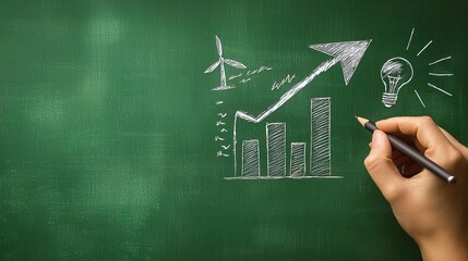 Hand drawing growth graph on chalkboard with wind turbine and light bulb, symbolizing innovation and renewable energy.