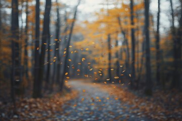 An autumn alleyway with golden leaves and golden fall trees in bokeh