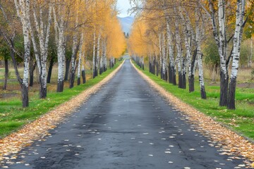 Obraz premium In autumn, a beautiful asphalt road is flanked by beautiful trees