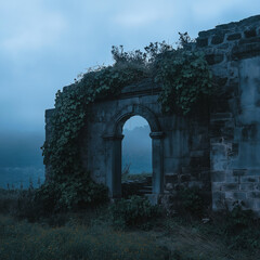Fototapeta premium Ancient ruins, overgrown with vegetation in moody, foggy spooky weather