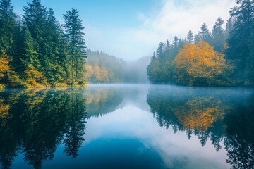 Fototapeta premium Forest in autumn reflected in water. Colourful autumn morning in the mountains. Colourful autumn landscape in Canada.