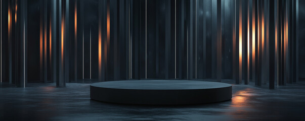 A matte black podium with sharp, geometric lines, set against a dark, moody background with abstract lighting effects.
