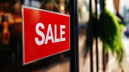 A vibrant red sale sign hanging in a store window, capturing attention and inviting shoppers to explore discounted items.