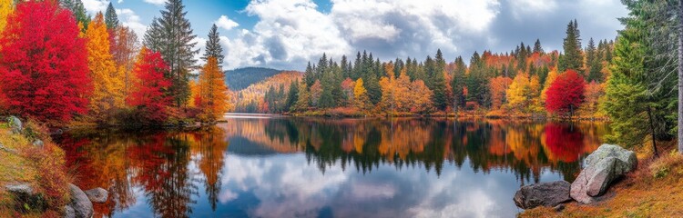 Fototapeta premium Beautiful Autumnal Park. Trees and Leaves, Reflection on the water, Autumn Scene.