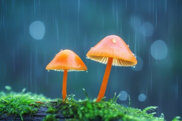 Rain falls on orange mushrooms, also known as umbrella mushrooms, Marasmius siccus