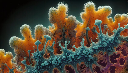 Fototapeta premium Microscopic magnification of spreading and growing molds or mold fungus on organic tissue producing toxic poisons- ai generated