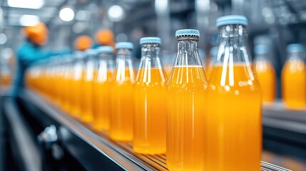 A close-up view of fresh orange juice bottles on a production line in a modern beverage factory, showcasing efficient manufacturing. - Powered by Adobe