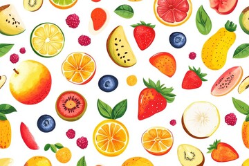 cartoon various fruit pattern, colorful and joy white background