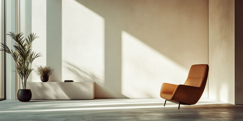 Modern minimalist interior with sunlit armchair in spacious living room