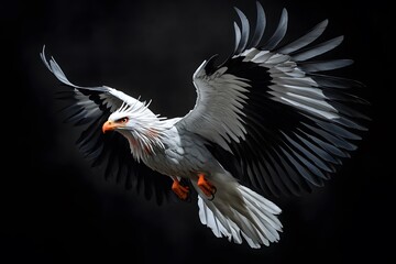 Obraz premium Secretary Bird Flying on Black Background, Photo Realistic, Wallpaper, Cover and Screen for Smartphone, PC, Laptop, 9:16 and 16:9 Format
