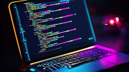 A close-up view of a laptop screen displaying vibrant coding and programming in a dark, ambient environment.
