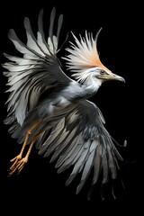Obraz premium Secretary Bird Flying on Black Background, Photo Realistic, Wallpaper, Cover and Screen for Smartphone, PC, Laptop, 9:16 and 16:9 Format