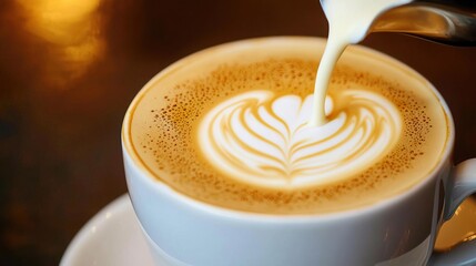 A beautifully crafted latte art in a white cup, showcasing intricate designs made with steamed milk and coffee.