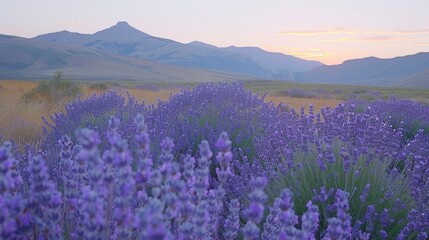 Naklejka premium Breathtaking sunset over a lavender field, bathed in vibrant hues of purple and gold