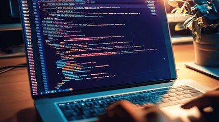 A close-up of a person's hands typing code on a laptop, featuring colorful programming syntax on the screen.