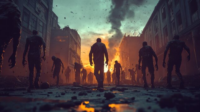 A horde of zombies walking through a post-apocalyptic city street.