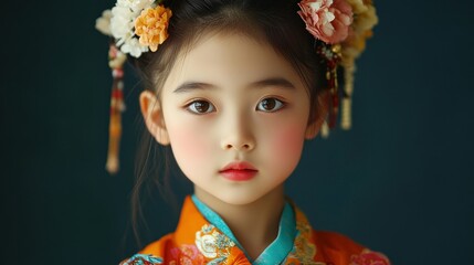 Young Girl Dressed in Traditional Asian Clothing with Flowers in Her Hair