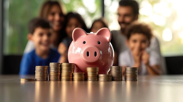 Family savings concept with a piggy bank and coins, emphasizing financial planning and education in a cheerful environment.