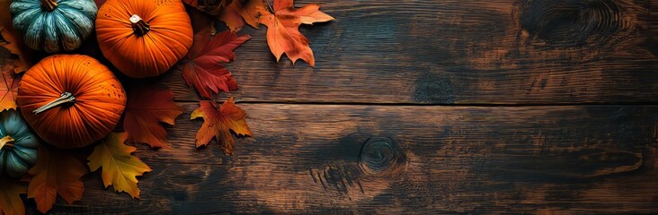 Obraz premium Holidays and Autumn Harvest still life. Happy Thanksgiving Banner. Harvest vegetables and seasonal decorations on dark wooden background.