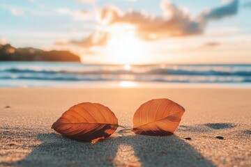 The sunrise over the sea is complemented by the autumn leaf on the sand.